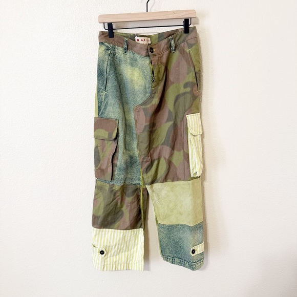 MARNI Cargo Pocket Patchwork Suede Camo Mixed Media Midi Skirt Green Size Medium - Picture 7 of 16